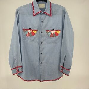 Women's Blue Button Down Shirt with Red Accents